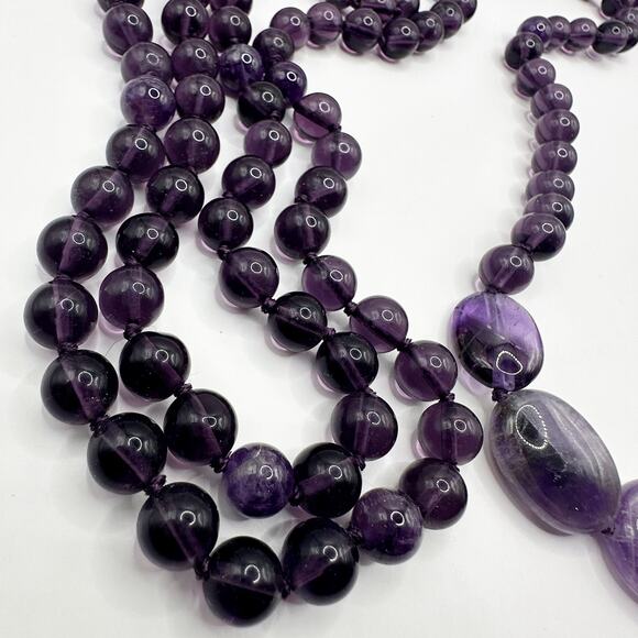 Purple Amethyst Beaded Necklace Very Long Round Beads Flat Stone Unique - Picture 8 of 12